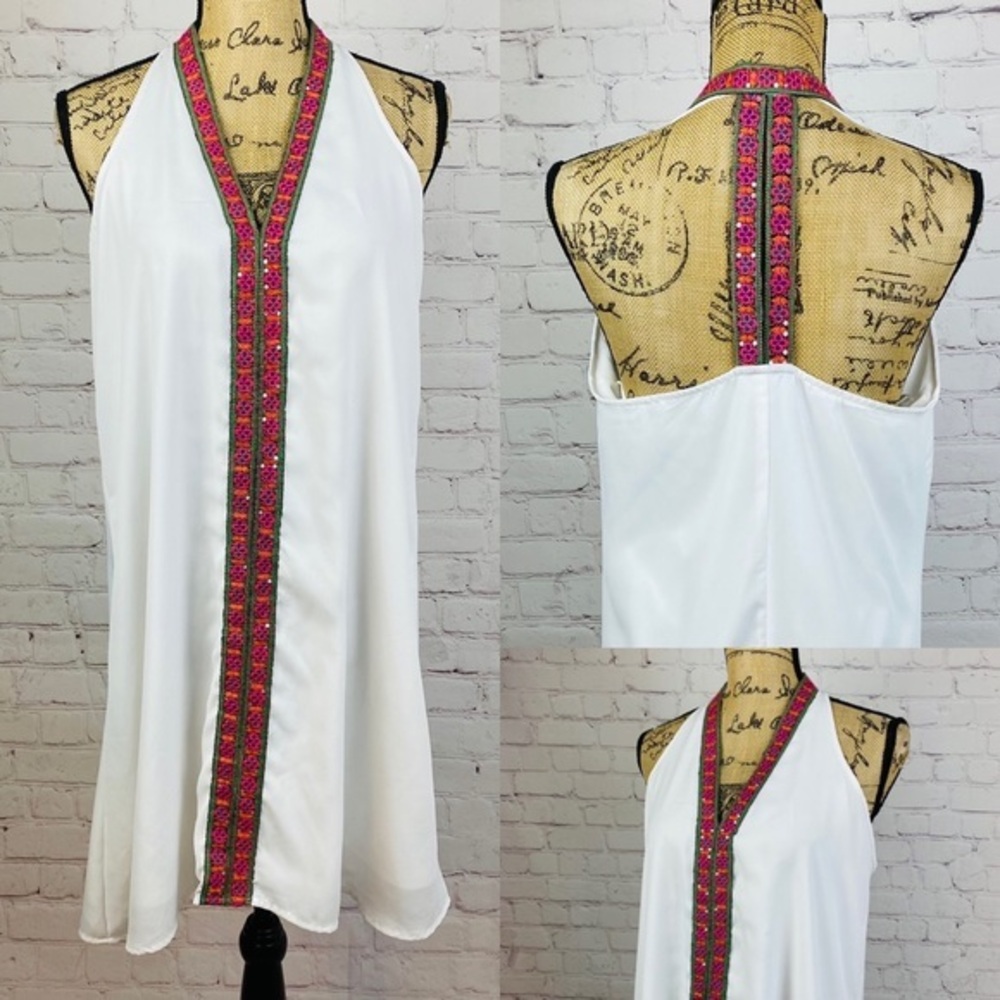 Alya White With Boho Trim T Back Dress